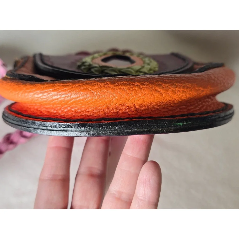 Handmade Leather Crossbody Bag Braided Strap Colorblock Pink Orange Green - Picture 14 of 16